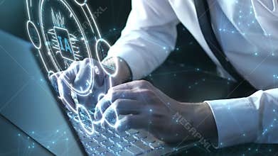 Businessman typing on laptop connecting with artificial intelligence processor