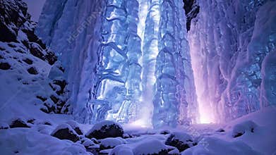 Glowing ice waterfall inside frozen grotto, blue purple luminescent walls, snowcovered boulders, towering icicles, soft