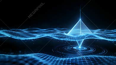 Ethereal Blue Quantum Pyramid in a Digital Cosmos