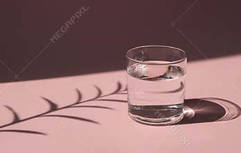 A glass of water lit by the bright sun. Transparent vessel with liquid  on a pink background