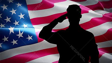 Shoulder silhouette of saluting army soldier in front of USA or America flag at Memorial DAY federal holiday seamless looping