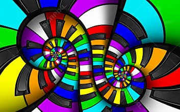 Unusual abstract rainbow piano keyboard spiral music background. Fractal like endless staircase. Rainbow colors piano keys twisted