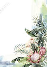 Watercolor tropical frame with orchids, protea and palm leaves. Hand painted tropical card with monstera and flowers