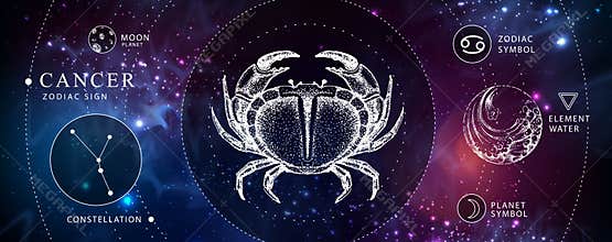 Modern magic witchcraft card with astrology Cancer zodiac sign. Realistic hand drawing crab illustration. Zodiac characteristic