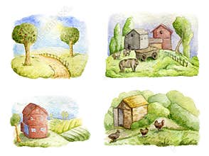 Old farms and rural landscapes set. Fields, houses, trees, domestic animals. Organic farm, local food design concept.