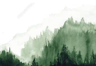 Watercolor mountain landscape in the fog abstract background