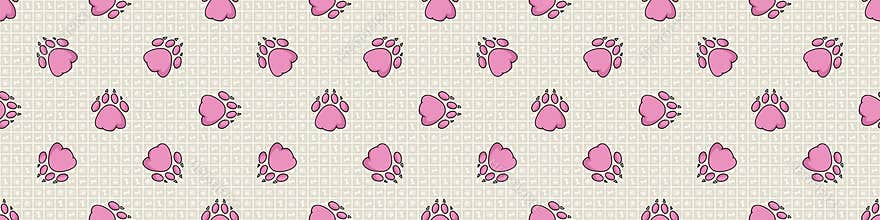 Hand drawn cute pink puppy dog paw with claw seamless vector border. Wild animal paw pad background. Fun joyful wild