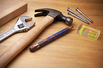 Tools On Wood Background