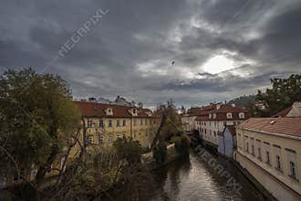 Panorama of the Certovka river in Mala Strana district, in the old town of Prague Czech Republic, a major touristic landmark.