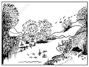 Hand drawn rural landscape agriculture river and trees