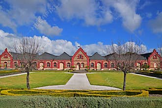 Beautiful winery bluestone building with outdoor landscaping for free wine tasting or tour in Barossa Valley, South Australia