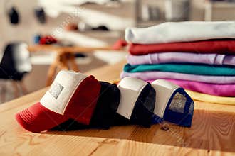 More than you expect. Custom apparel, clothes neatly folded on shelves. Stack of colorful clothing and baseball cap in