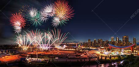 Fireworks Over City Skyline in Calgary, Alberta, Canada