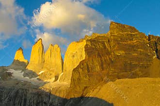 Torres del Paine sunrise light at the mountains in Patagonia