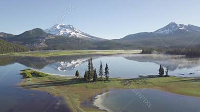 Aerial view of sunrise at Sparks Lake, Bend, Oregon, USA Drone panorama view of picturesque northwest natural landscape
