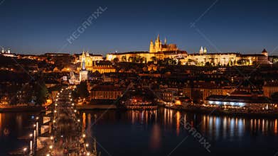 Night scene of Prague Castle and Charles Bridge