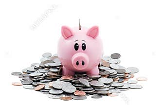 Piggy Bank in Pile of Coins