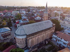 Aerial View on Old Slave Market in Anglican Cathedral at sunset time in Stone Town, Zanzibar, Tanzania