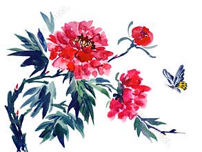 Red peony and flying butterfly, watercolor illustration on a white background