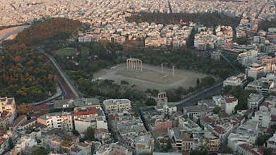 Aerial View of The Temple of Olympian Zeus in Athens, Greece during Golden Hour Sunset light