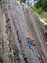 A climber scales The Columns basalt cliff in Eugene, Oregon