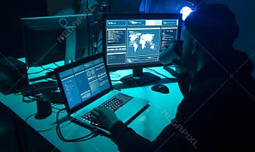 Hackers making cryptocurrency fraud using virus software and computer interface. Blockchain cyberattack, ddos and