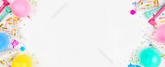 Birthday party banner with double border on a white background with balloons, party hats, streamers and confetti