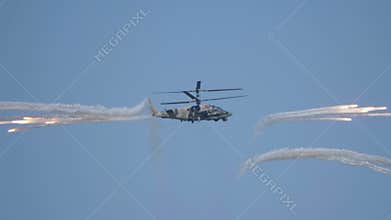 ZHUKOVSKY, RUSSIA - SEPTEMBER 01, 2019: Demonstration of the Kamov Ka-52 Alligator attack helicopter of the Russian Air