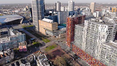 Rotterdam, Netherlands - March 2020: Aerial Flyby view of Rotterdam, City Center with Luxury Expensive buildings close