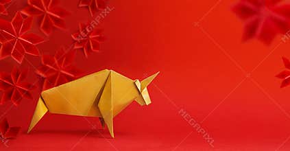 Chinese new year 2021 year of the ox , cold. Bull on red background.