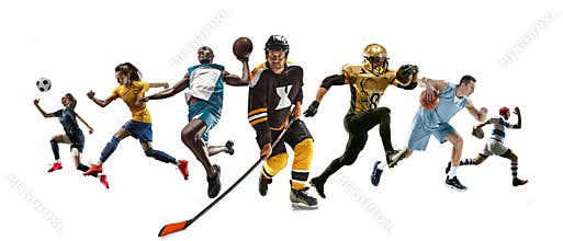 Sport collage of professional athletes or players isolated on white background, flyer