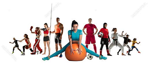 Sport collage of professional athletes or players isolated on white background, flyer