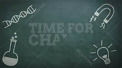 Science concept icons against time for change text on blackboard