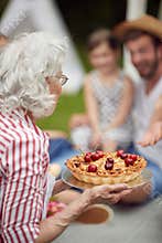 Grandmother prepared cake for a family picnic
