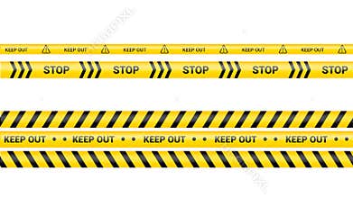 Police tape, crime danger line. Caution police lines isolated. Warning keep out tapes. Set of yellow warning ribbons. Vector