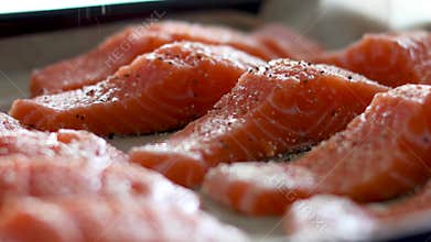 Seafood preparation - sprinkle pepper on salmon fish closeup