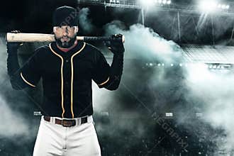 Porfessional baseball player with bat on grand arena. Ballplayer on stadium.