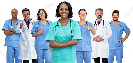 Laughing african american female nurse with doctor and medical team