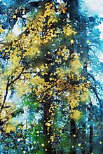 Trees in autumn with yellow leaves, fall season image, digital watercolor painting