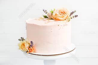 Beautiful roses cake on vintage stand. Peach roses and lavender cake, Concept for Wedding , St. Valentine`s Day, Mother`s Day,
