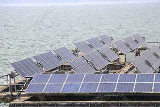 Solar cell panels installed on the water.