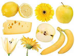 Set of yellow fruits, food and flowers
