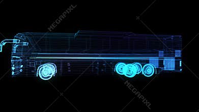 City bus. Truck. Glow points and line formation of 3d Model Bus. Rotating. Seamless loop 4k animation. Digital