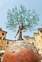 Bronze sculpture of the Tree of Life in the Amphitheater square in old town Lucca, Tuscany, Italy