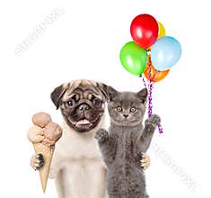 Cat and Dog holding balloons and ice cream. isolated on white background