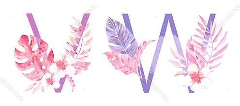 Watercolor Hand Drawn tropic letters monograms or logo. Uppercase V, W with jungle herbal decorations. Palm and monstera