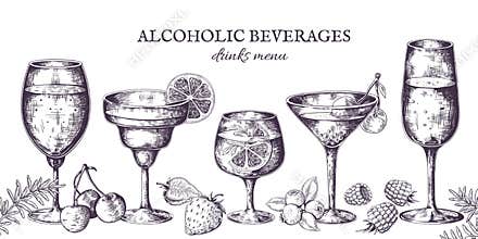 Hand drawn cocktails. Vintage alcoholic menu sketch, liquor beverages and lemonades. Vector isolated tropical bar drinks