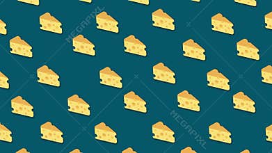 Many pieces of cheese moving on blue background, seamless loop. Animation. Yellow cartoon slices of cheese in horizontal