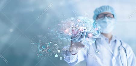 Abstract, Doctor checking and analysis alzheimer`s disease and dementia of brain, testing result on virtual interface, innovative