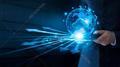 Businessman using cloud computing connect at big data on global network connection, Cloud service and networking data storage